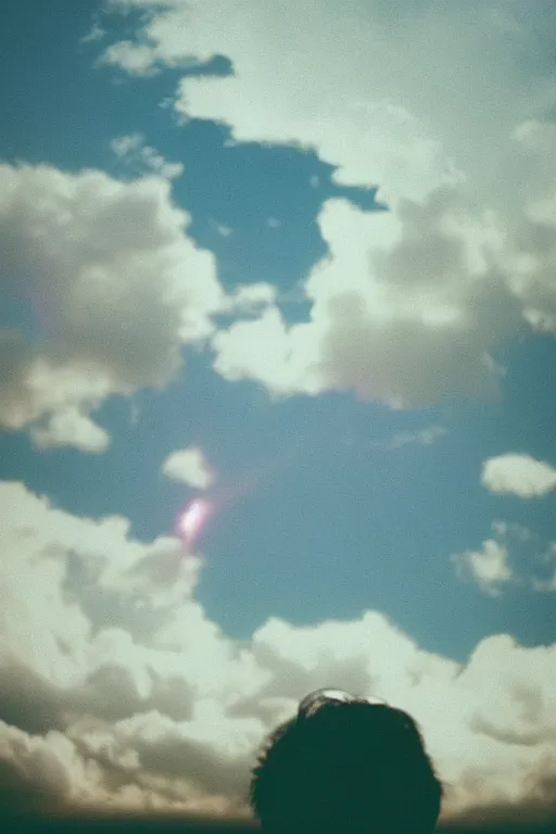 Prompt: agfa vista 4 0 0 photograph of a guy floating in the clouds, back view, synth vibe, vaporwave colors, lens flare, moody lighting, moody vibe, telephoto, 9 0 s vibe, blurry background, grain, tranquil, calm, faded!,