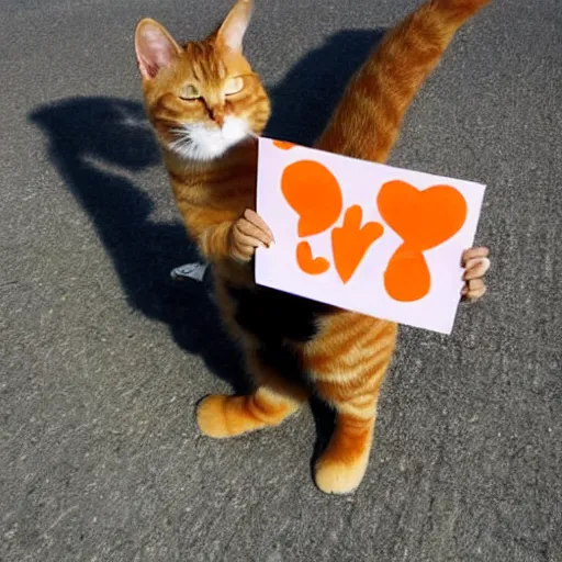 Image similar to cute orange tabby cat holds sign that says