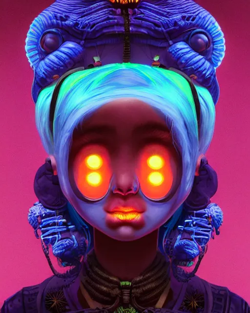 Image similar to portrait of a bioluminescent patchwork doll, highly detailed, digital painting, cinematic, hyper realism, dark retrowave, art by stanley lau and artgerm and james jean, victo ngai, david rubin, mike mignola, laurie greasley, artstation, octane render, cgsociety