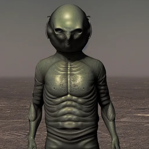 Image similar to a sad Roswell grey alien standing near his crashed burning spacecraft, a hologram by Alan Bean, featured on zbrush central, hurufiyya, zbrush, polycount, airbrush art