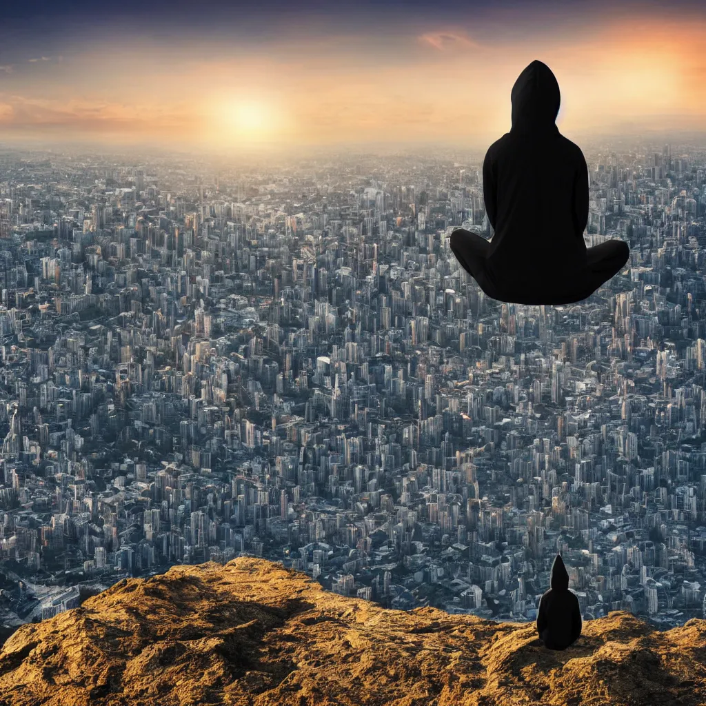 Prompt: meditating person with hoodie on sitting on top of a mountain overlooking a giant futuristic city by sundawn, high resolution photo, detailed