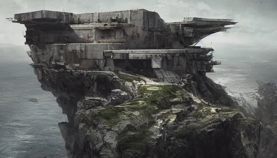 Image similar to imperial brutalist base perched on a cliff overlooking a magnificient bay, jan urschel, greig fraser, by james gurney, greg rutkowski, highly detailed digital art, artstation