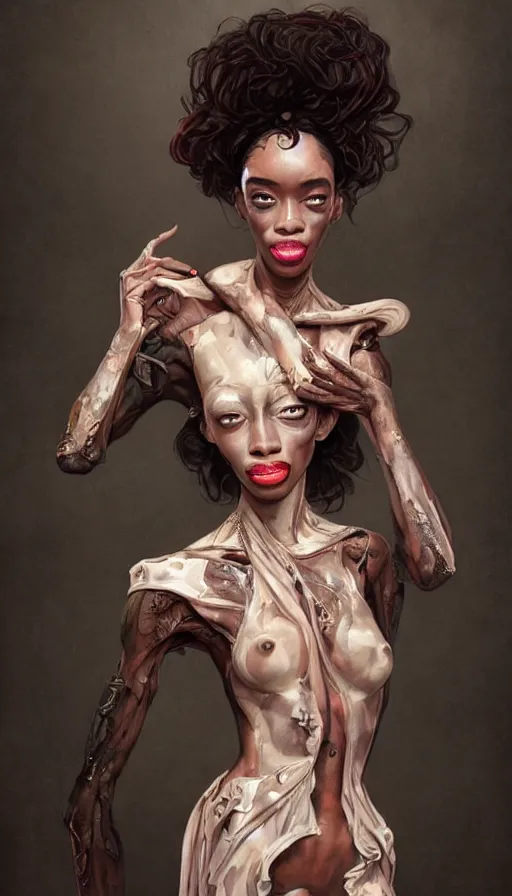 Prompt: winnie harlow, passionate, seductive, expressive, charismatic, very sweaty, intricate fashion clothing, insane, intricate, highly detailed, digital painting, artstation, concept art, surrealistic, smooth, sharp focus, illustration, unreal engine 5, 8 k, art by artgerm and greg rutkowski and alphonse mucha