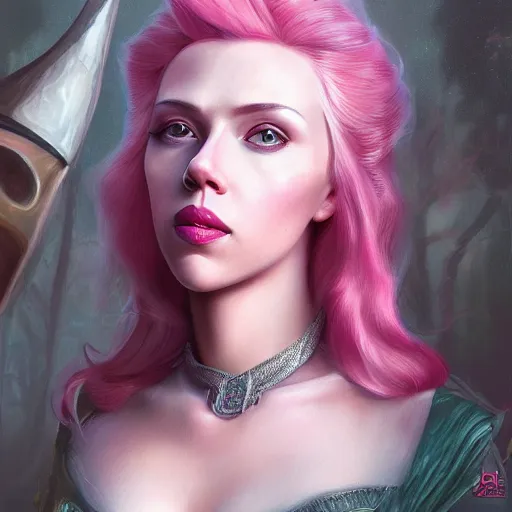 Image similar to detailed portrait of scarlett johansson as princess bubblegum, beautiful, fantasy, intricate, elegant, highly detailed, digital painting, artstation, concept art, matte, sharp focus, illustration, art by aenaluck, artgerm and roberto ferri and greg rutkowski, epic fantasy, digital painting