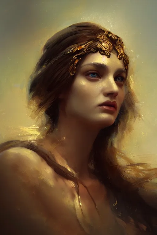 Image similar to greek goddess of ai art, close - up portrait, powerfull, intricate, elegant, volumetric lighting, scenery, digital painting, highly detailed, artstation, sharp focus, illustration, concept art, ruan jia, steve mccurry