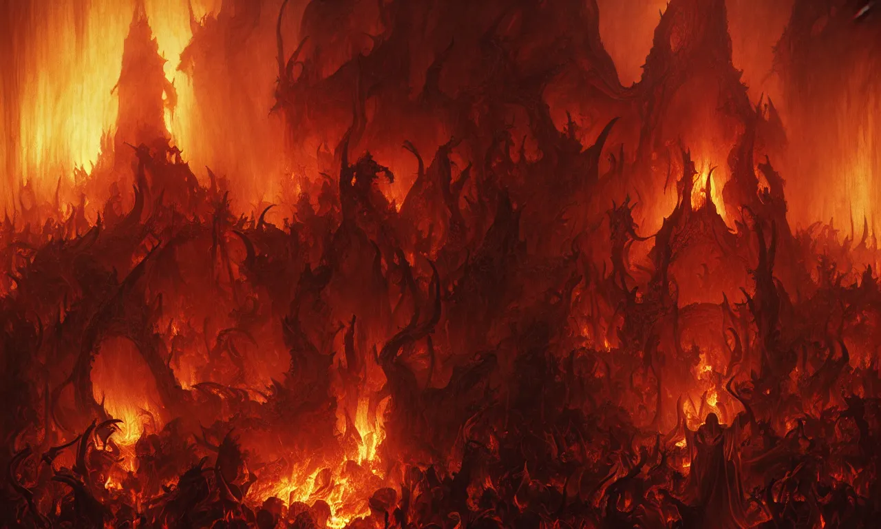 Image similar to Purgatory, fire in hell. A crowd of sinful people is burning in hell in hellfire. The gateway to the infernal underworld. Devils demons and ghouls torment sinful people, highly detailed, digital painting, artstation, concept art, smooth, sharp focus, illustration, art by artgerm and greg rutkowski and alphonse mucha