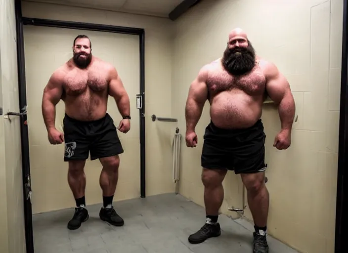 Prompt: big hairy burly strongman in private high school locker room