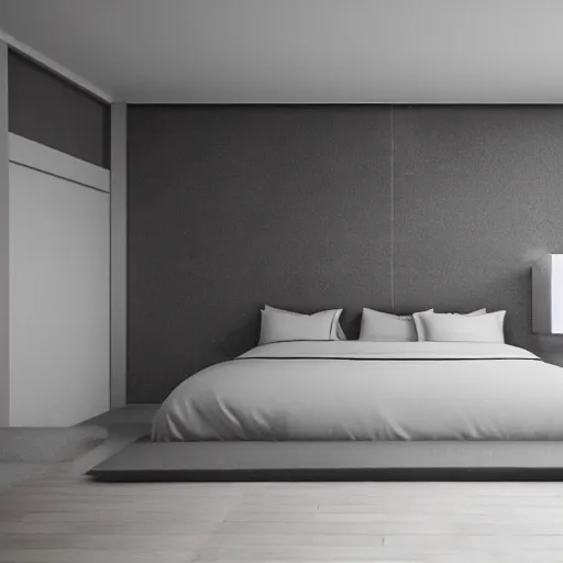 Image similar to symmetry, parallax mapping of brutalist bedroom, minimalist architecture, minimalist furniture, octane render, high quality