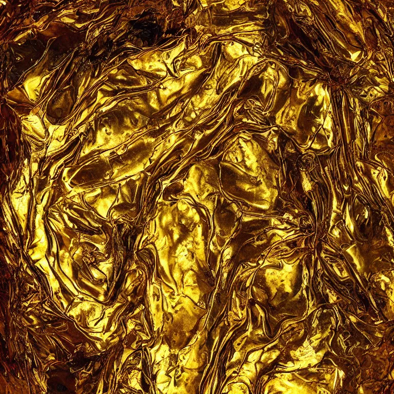 Prompt: vintage color photo of a giant 1 1 0 million years old abstract liquid gold sculpture shining and covered by the alien exotic megaflora