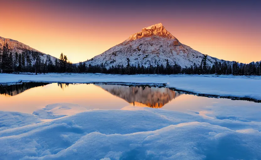Image similar to professional photo of a snow topped mountain lit by the sunset, pond of lily, realistic