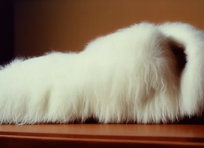 Prompt: realistic museum photo of a white fluffy sweater object, straight laying on a wooden desk 1 9 9 0, life magazine reportage photo, natural colors
