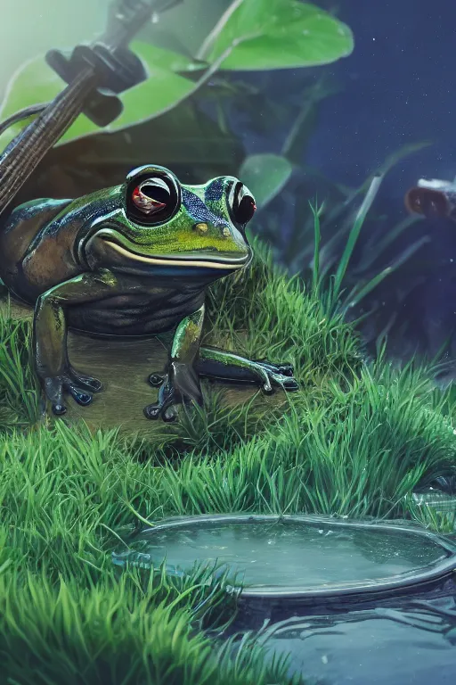 Prompt: eazy e as a frog, backround: pond, highly detailed, wide shot, intricate, cute, mystical, sharp focus, Trending on Artstation HQ, deviantart, unreal engine 5, 4K UHD image