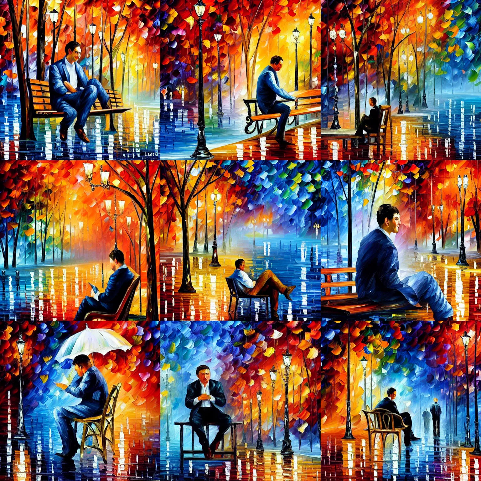 Prompt: a man sitting alone at the dense sea of love, realistic, intricate, highly detailed, 8 k. palette knife oil painting on canvas by leonid afremov.