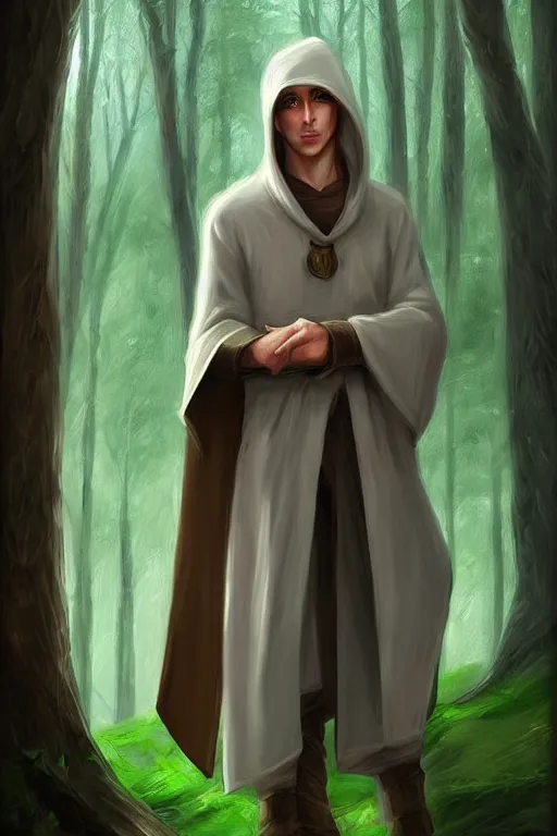Image similar to beautiful, digital art, portrait painting of a male elf wizard, wearing linen hooded cloth. forest background. artstation, by jisu choe