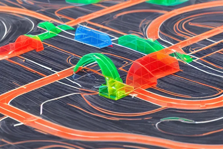 Image similar to windy racetrack made of translucent colorful plastic, miniature 85mm