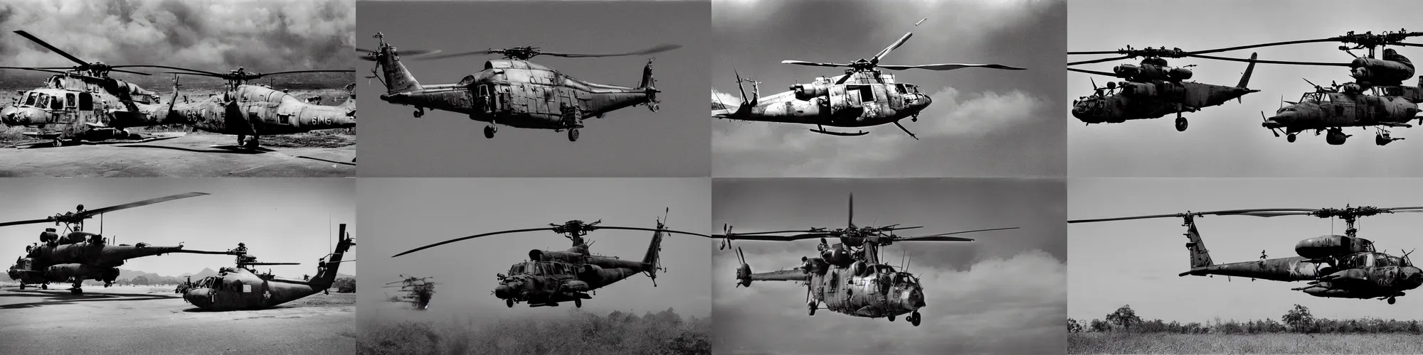 Prompt: vietnam war helicopter black and white photography grain vintage 35mm