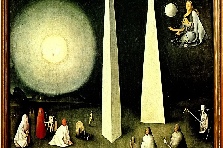 Prompt: the white obelisk the serpent and the black obelisk, oil on canvas, high detail, by hieronymus bosch