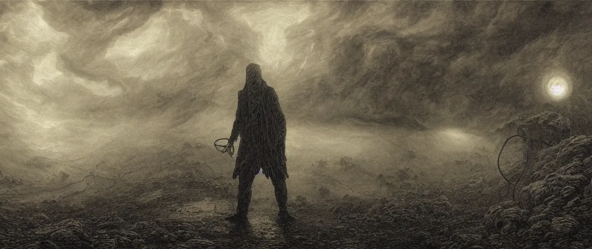 Image similar to an engraving portrait of yog sothoth, lovecraftian atmosphere, caspar david friedrich, foggy, depth, strong shadows, stormclouds, illuminated focal point, highly detailed