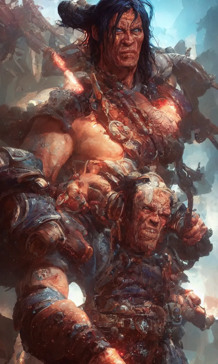 Image similar to hyper realistic digital painting of arnold swartzeneger as conan the technomancer by simon bisley and greg rutkowski, vivid color scheme, unreal engine 5