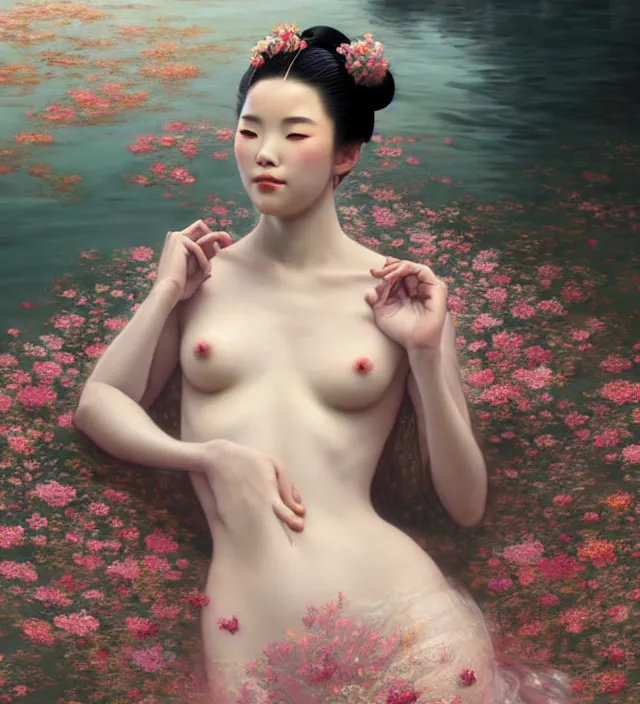 Image similar to baroque portrait of a geisha woman of porceline skin lying down in a river made of thousand of flowers, cinematic lighting, photorealistic, octane render, 8 k, depth of field, art by artgerm and greg rutkowski and alphonse mucha and uang guangjian