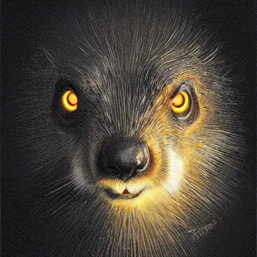 Prompt: portrait of a Marmot in a black cloak,  glowing eyes, detailed face, highly detailed, cinematic lighting, digital art painting by greg rutkowski.