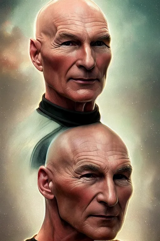 Prompt: portrait photograph of captain picard full body, sleek outfit, upper body, fantasy, handsome, depth of field, soft focus, highly detailed, intricate, realistic, national geographic cover, soft glow, textured, artstation, concept art, sharp focus, illustration, art by artgerm and greg rutkowski and alphonse mucha
