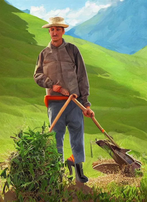 Image similar to digital portrait of a person looking like aleksandr lukanhesko cultivating weed in mountains, hot sun, photo realism