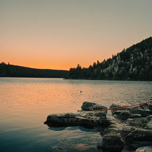 Prompt: cinematic wide shot of a lake with a rocky foreground, sunset, a bundle of rope is in the center of the lake, leica, 2 4 mm lens, 3 5 mm kodak film, f / 2 2, anamorphic