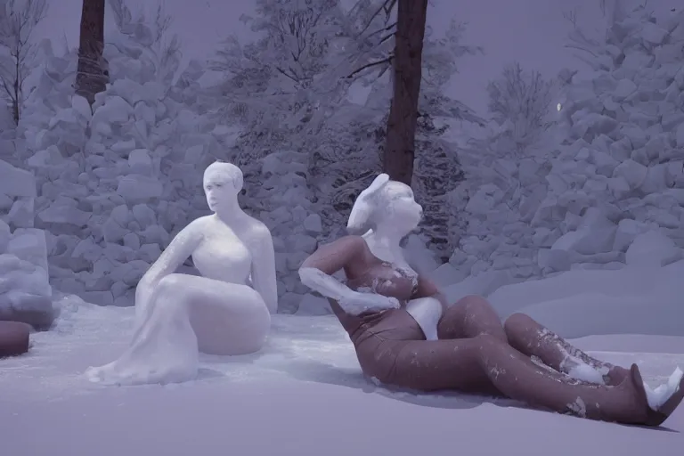 Image similar to a beautiful woman made out of snow and ice sitting by a campfire and slowly melting, by iris van herpen, unreal engine 5