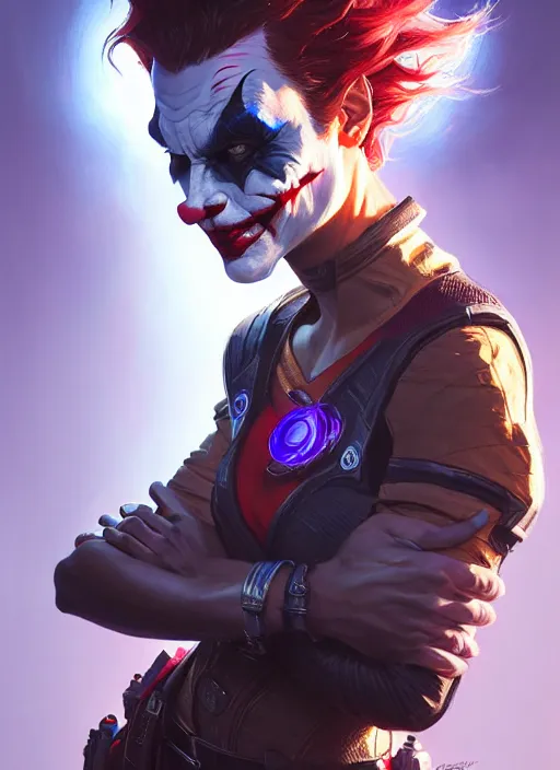 Image similar to portrait of apex legends, the joker, intricate, elegant, glowing lights, highly detailed, digital painting, artstation, glamor pose, concept art, smooth, sharp focus, illustration, art by artgerm and greg rutkowski, artey freytag