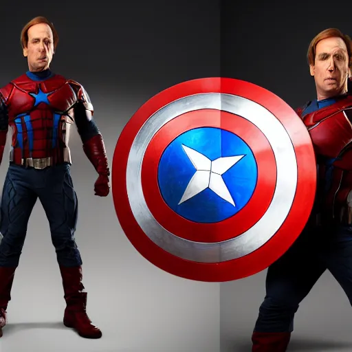 Prompt: Saul Goodman as Captain America, Dramatic pose, 8k,
