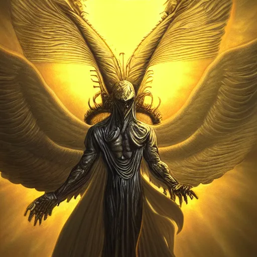 Image similar to photorealistic biblically accurate demonic alien archangel the style of michael whelan and gustave dore. hyperdetailed photorealism, 1 0 8 megapixels, amazing depth, glowing rich colors, powerful imagery, psychedelic overtones, 3 d finalrender, 3 d shading, cinematic lighting, artstation concept art