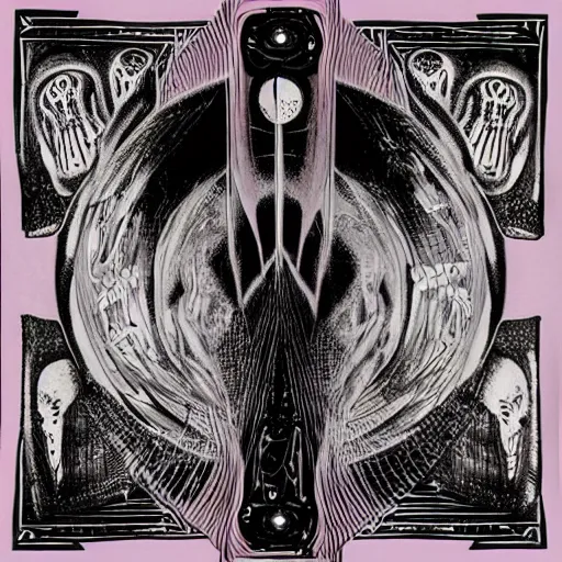 Image similar to post - punk new age album cover, magic, apocalypse, psychedelic, black white pink, magic, giger h. r.