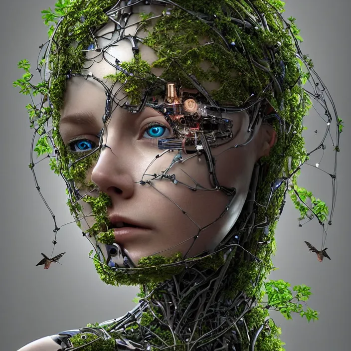 Prompt: a female cyborg robot, artificial intelligence, portrait, sci - fi theme, entwined in tree roots and ivy, a hummingbird flies next to her face, dystopian landscape, connected to nature via vines, branches, wires, technology, highly detailed, hyper - realistic, futuristic