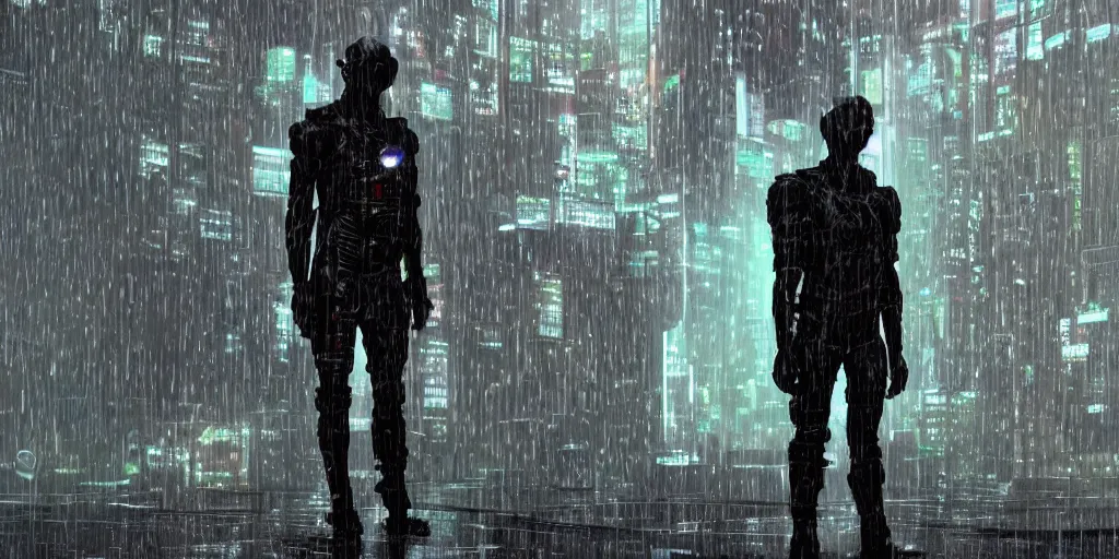 Prompt: cyberpunk statue, rain, space