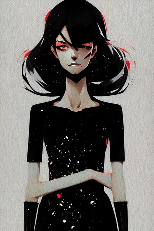 Image similar to a ultradetailed beautiful panting of a stylish woman wearing a black dress, by conrad roset, greg rutkowski and makoto shinkai, trending on artstation