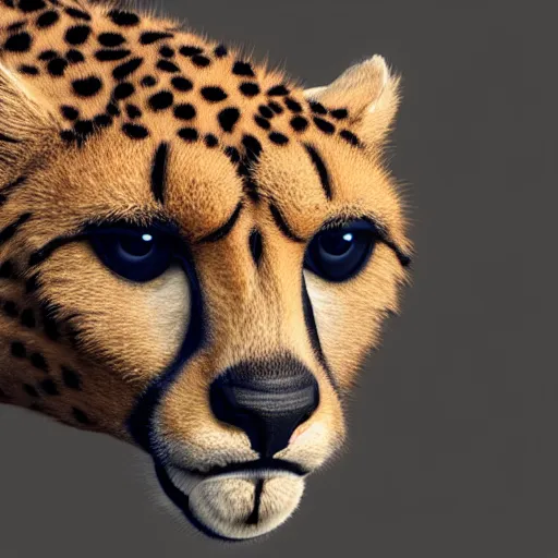 Image similar to a cheetahs head, front view, cyber punk, 4 k, ultra realistic, octane rendering