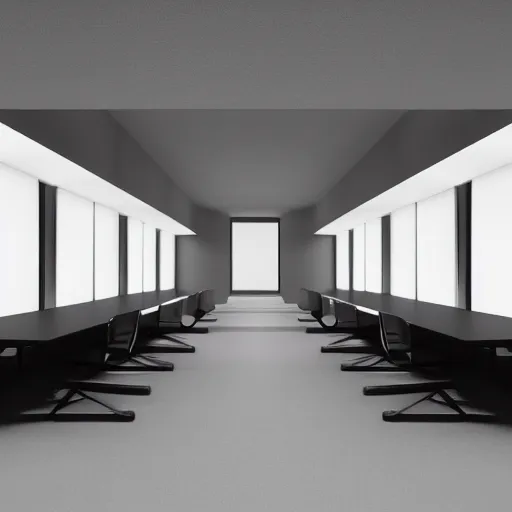 Prompt: symmetry, parallel perspective with center end point, parallax mapping of brutalist office, minimalist architecture, minimalist furniture, octane render, high quality