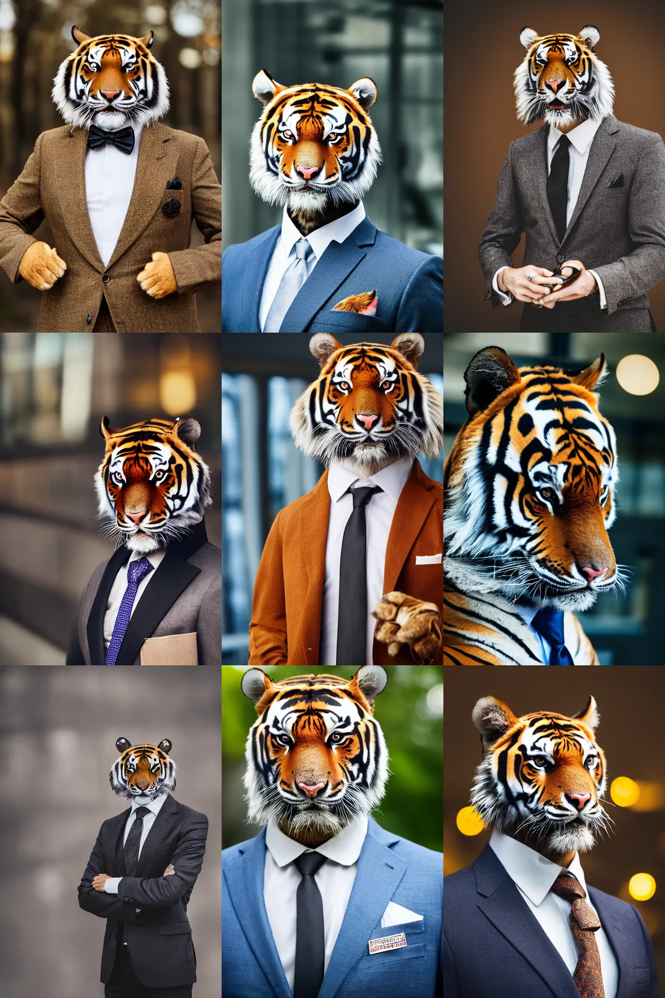 Prompt: high quality portrait photo of an industrialist tiger dressed in a dark business suit and tie, Anthropomorphic, photography 4k, f1.8 bokeh, 4k, 85mm lens, sharp eyes