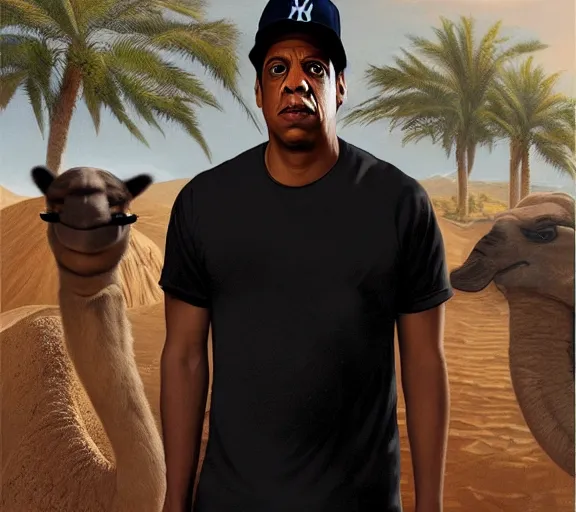 Prompt: portrait of calm jay - z wearing a yankee baseball hat and a black t - shirt, standing next to a camel, sand desert fantasy, matte painting, highly detailed, art by artgerm, artstation