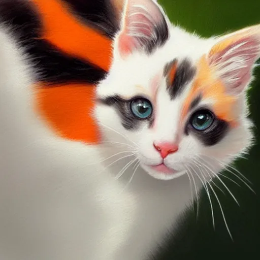 Image similar to close up of two beautiful calico kittens with orange, black and white colored fur, outside on a beautiful day, beautiful painting, featured on artstation, cgsociety, behance hd