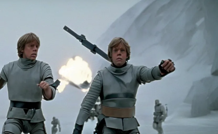 Image similar to screenshot of the epic scene featuring Luke Skywalker in grey body armor, iconic scene from 1980s film by Stanley Kubrick, 4k, cinematic still frame, surreal sci fi architecture, portrait photoreal, detailed face, moody lighting, stunning cinematography, hyper detailed, sharp, anamorphic lenses, kodak color film stock