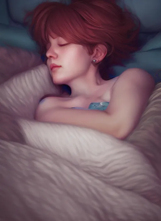 Image similar to sleeping portrait of wendy's mascot wendy thomas, hyper detailed, digital art, trending in artstation, cinematic lighting, studio quality, smooth render, unreal engine 5 rendered, octane rendered, art style by klimt and nixeu and ian sprigger and wlop and krenz cushart.