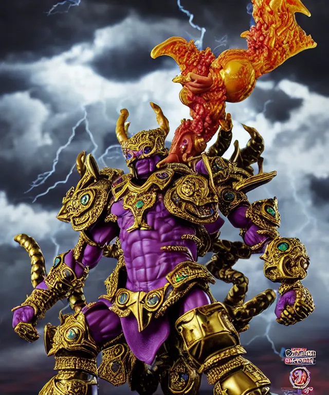 Image similar to hyperrealistic rendering, epic ornate supreme demon overlord, jewel crown, war armor battle, by art of skinner and richard corben, product photography, collectible action figure, sofubi, hottoys, storm clouds, outside, lightning