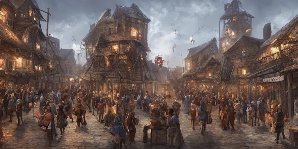 Prompt: a busy marketplace full of merchants in an old medieval town, fantasy apocalypse, digital art, 4 k,