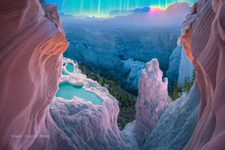 Image similar to neuschwanstein castle on pamukkale thermal waters flowing down gold travertine terraces in royal blue antelope canyon during sakura season on an interstellar aurora borealis with heavy thunder and lightning, pink waterfalls, by peter mohrbacher, james jean, james gilleard, greg rutkowski, vincent di fate, rule of thirds, beautiful landscape