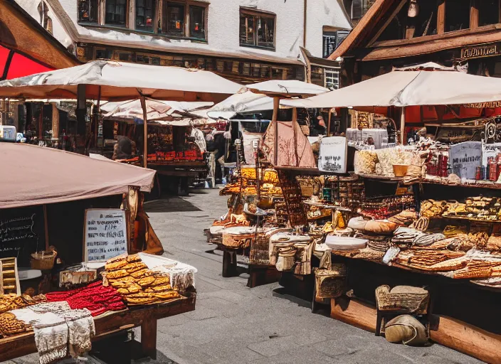 Prompt: eyelevel view of a medieval german marketplace, selling various food, cloth, and utensil items, trending on unsplash, 4 k photorealism, intricate