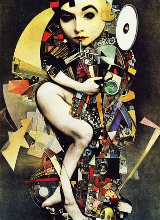 Image similar to cute punk goth fashion fractal alien martian girl with wearing a television helmet and kimono made of circuits and leds, surreal Dada collage by Man Ray Kurt Schwitters Hannah Höch Alphonse Mucha