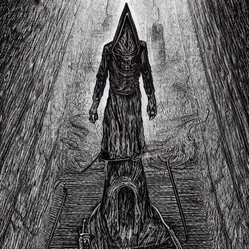Prompt: Pyramid Head standing in front of Silent Hill's gate by Masahiro Ito