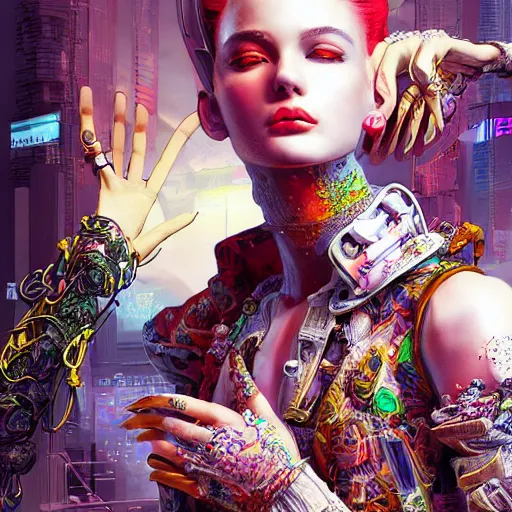 Image similar to the portrait of an absurdly beautiful, graceful, elegant, sophisticated, fashionable cyberpunk gravure idol, an ultrafine hyperdetailed illustration by kim jung gi, irakli nadar, intricate linework, bright colors, porcelain skin, mixed metals, unreal engine 5 highly rendered, fashion photography, global illumination, radiant light, detailed and intricate environment